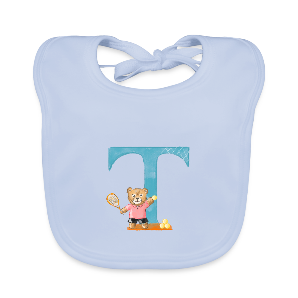 Baby Lätzchen personalisiert – Bio-Baumwolle mit Buchstabe "T" 🌱🍼 - sky Blue